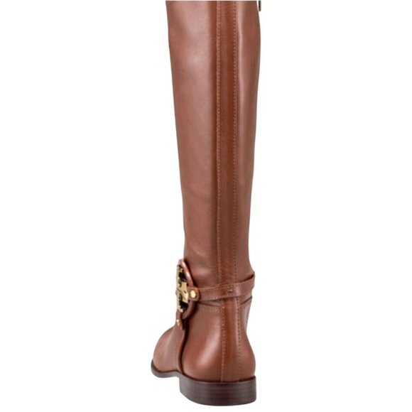 Tory Burch Aaden Riding Boots Cognac Leather Gold Logo Zip Closure Size 6M - Picture 10 of 16